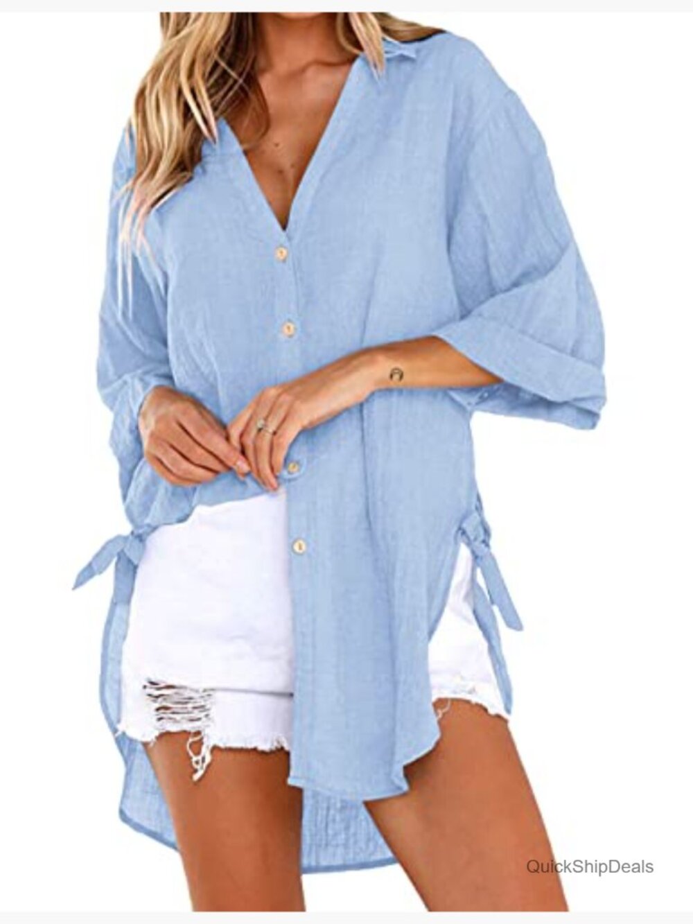 Women's V Neck 3/4 Sleeve Button Down Shirt Blouse Tunic Beach Top - Picture 2 of 5